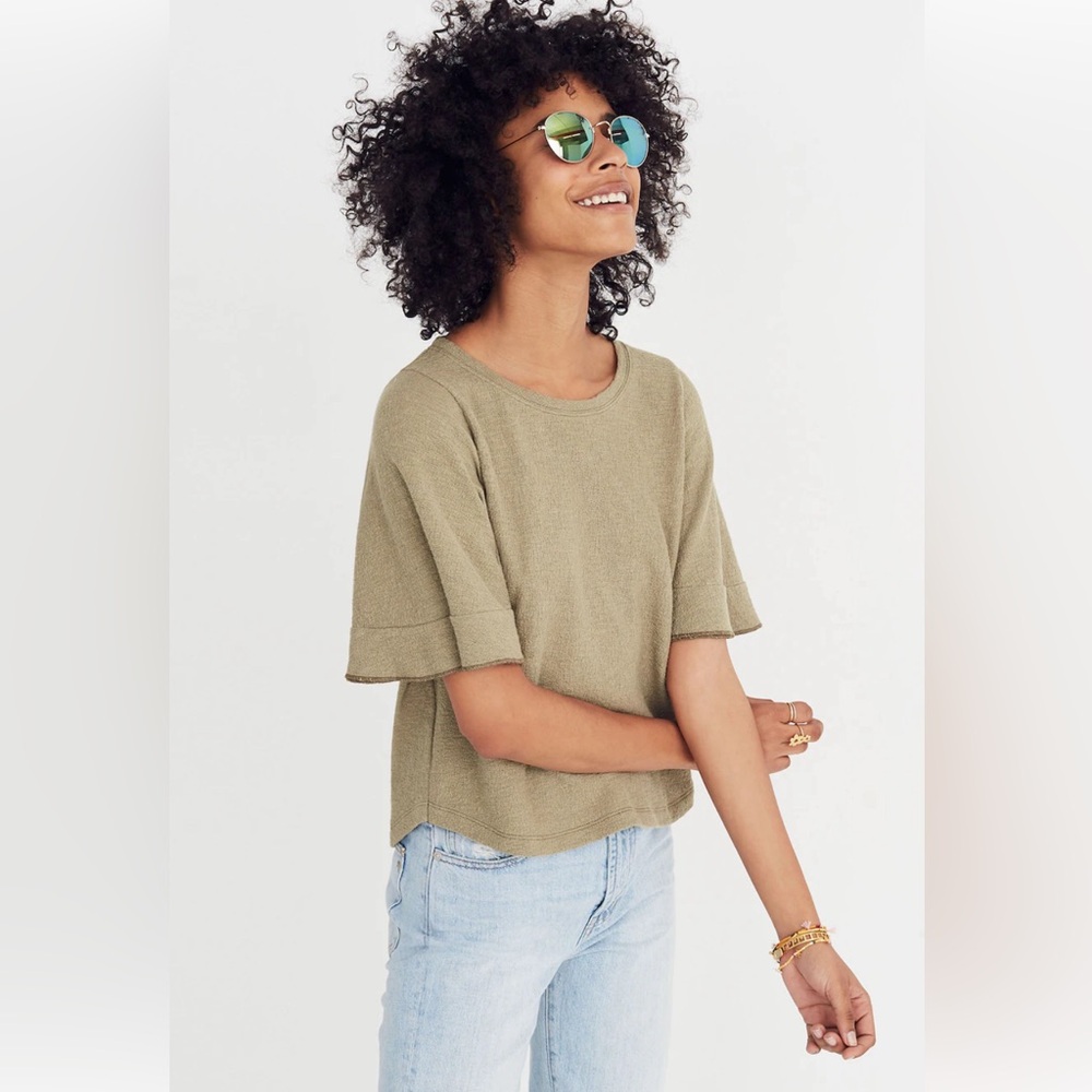 Madewell Texture & Thread Flutter Sleeve‎ Gauzy Cotton Top Green Tan Size S